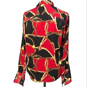 Lauren Ralph Lauren Silk Womens Blouse PL  Equestrian Bridle Chain Print.